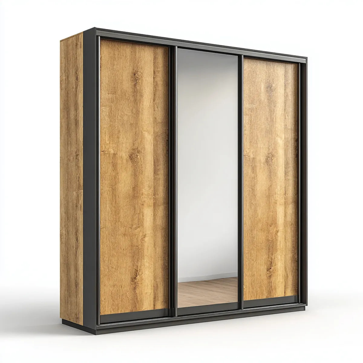 Schwebetürenschrank Eiche Dekor Anthrazit mit Spiegel 180 x 60 x 200 cm Spanplatte rechteckig