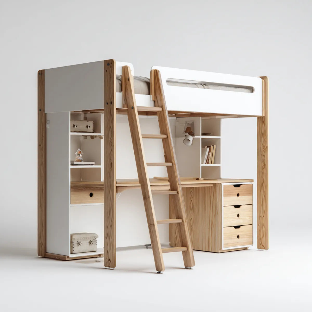 Kinderhochbett mit Schreibtisch Regal und Schubladen Weiß Natur 90 x 200 cm Kiefer Massivholz MDF rechteckig