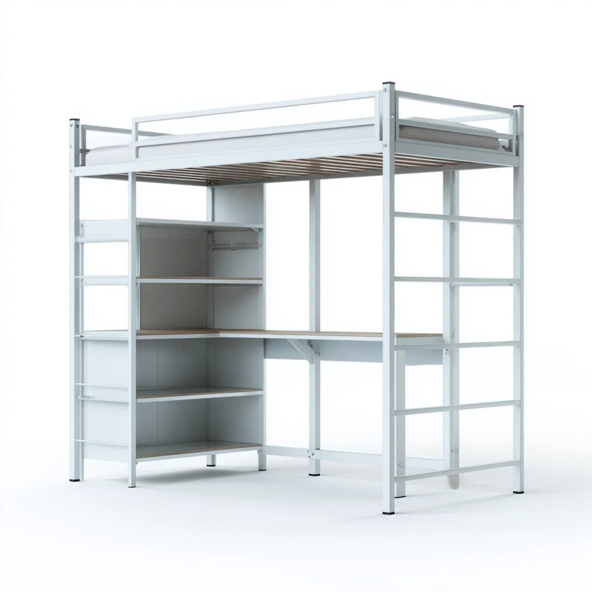 Hochbett mit Schreibtisch Regal und Leiter Weiß 90 x 200 cm Stahl MDF rechteckig 180 cm