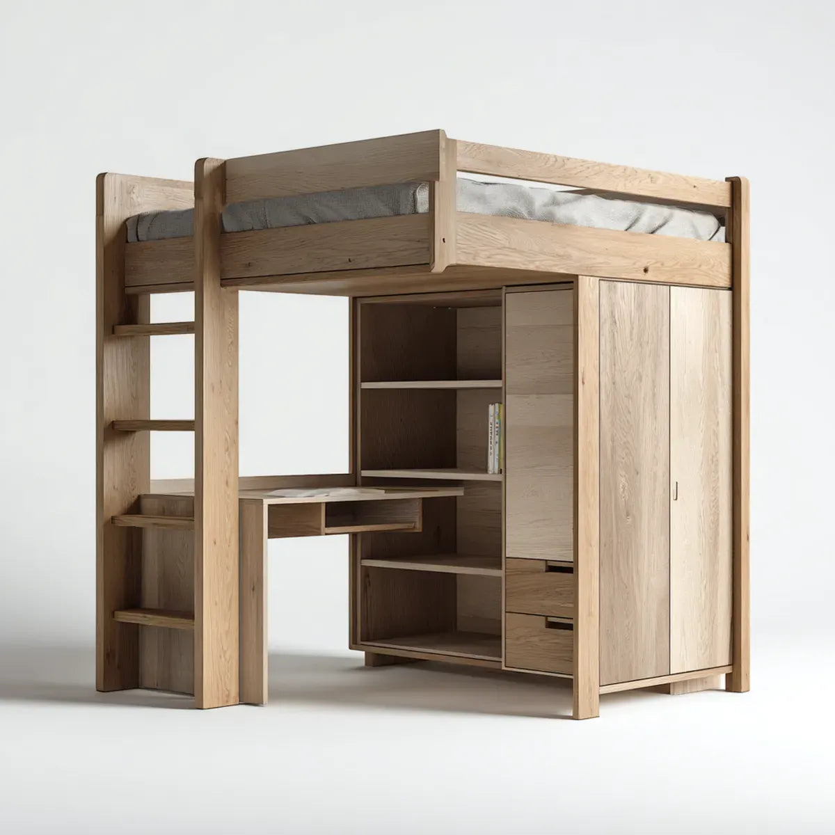 Hochbett Kinderbett mit Schreibtisch Kleiderschrank und Regal Natur Eiche massiv 90 x 200 cm