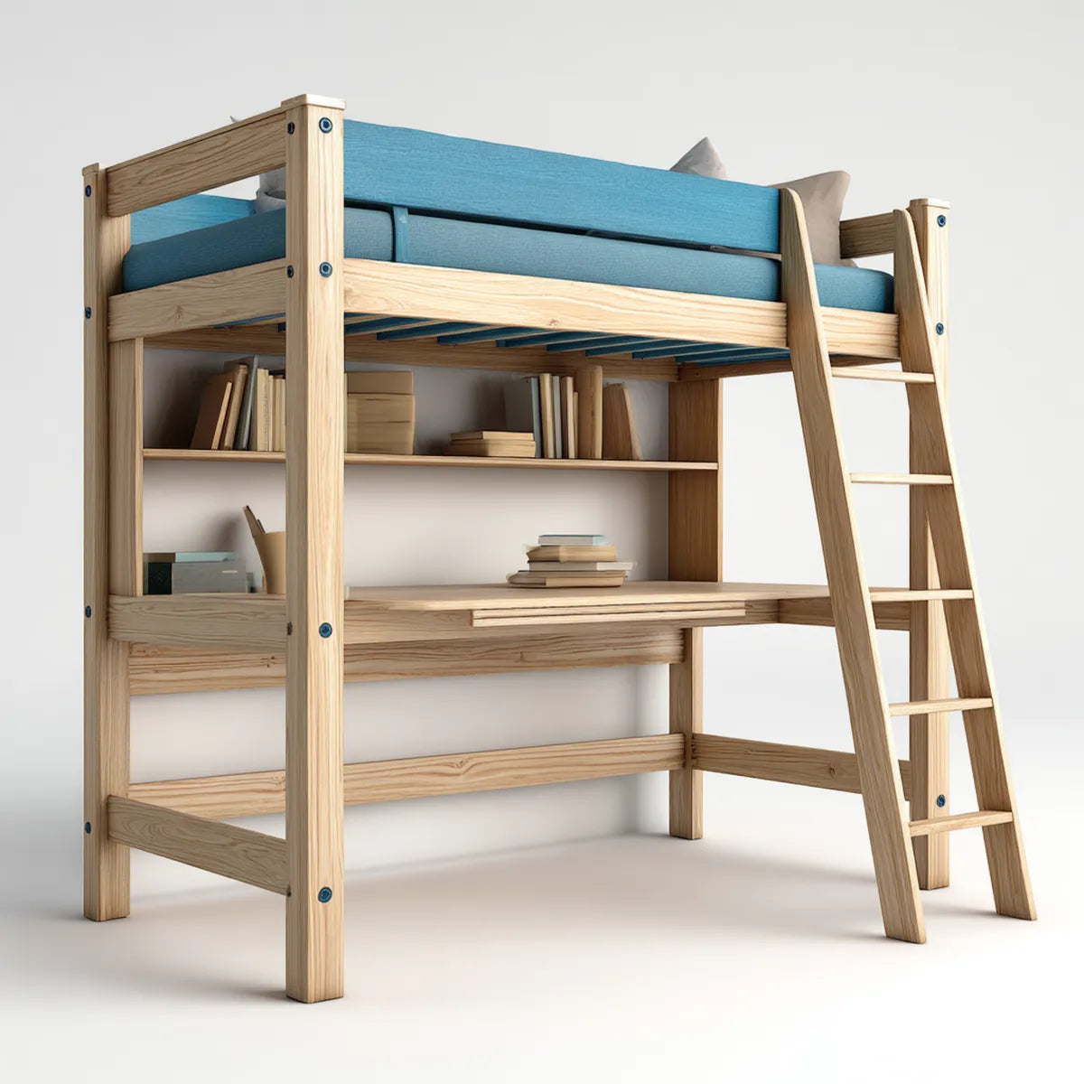Hochbett mit Schreibtisch und Regal Natur Blau 90 x 200 cm Kiefer Massivholz Rechteckig