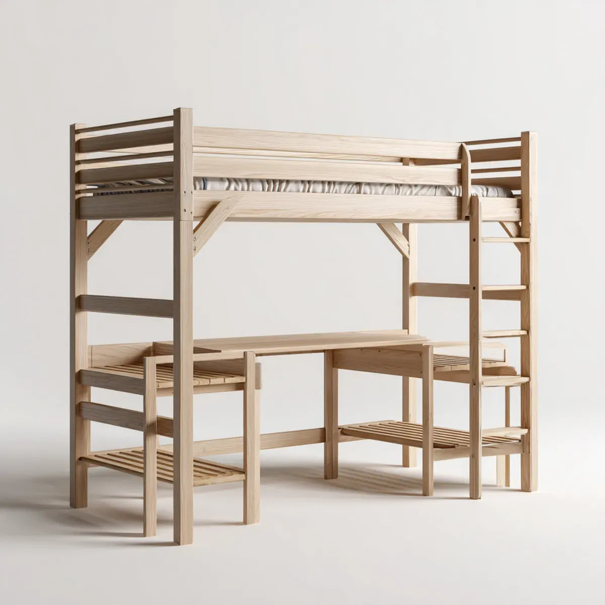 Kinder Hochbett mit Schreibtisch Regal und Leiter Natur 90 x 200 cm Kiefer Massivholz Rechteckig 210 x 100 x 190 cm
