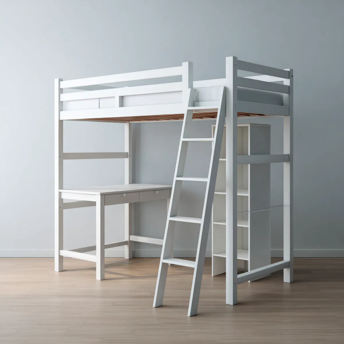 Kinder Hochbett mit Schreibtisch Regal Leiter Weiß 90 x 200 cm Kiefer Massivholz Rechteckig