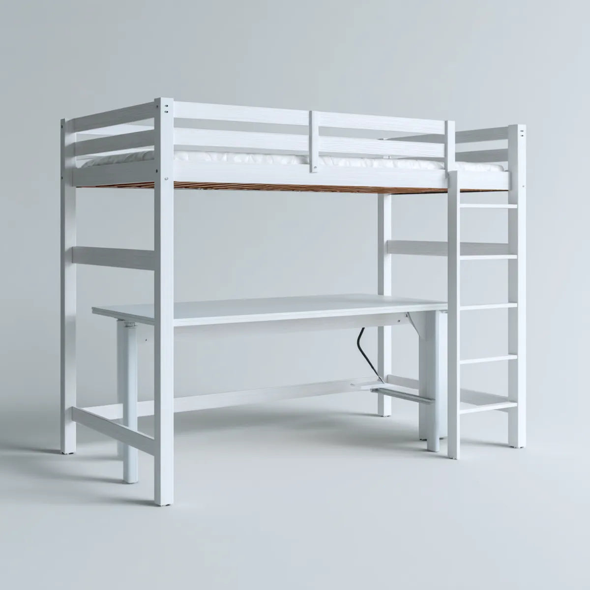 Hochbett mit Schreibtisch Weiß 90 x 200 cm massive Kiefer rechteckig