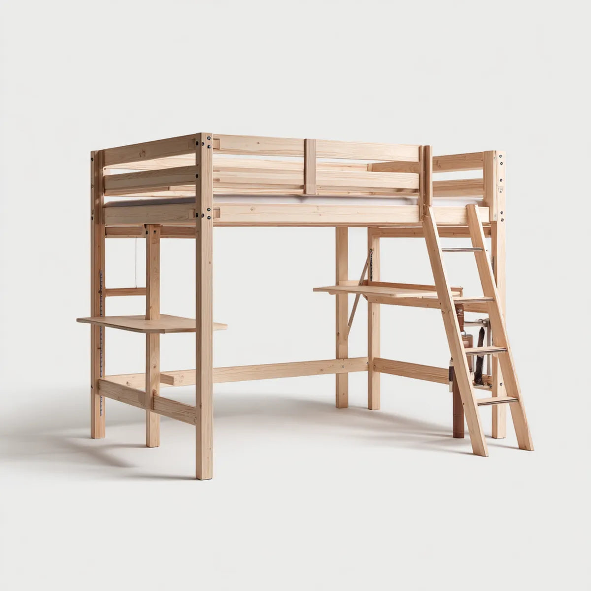 Kinderhochbett mit zwei Schreibtischen Natur 90 x 200 cm Kiefer Massivholz Rechteckig 208 x 105 x 180 cm