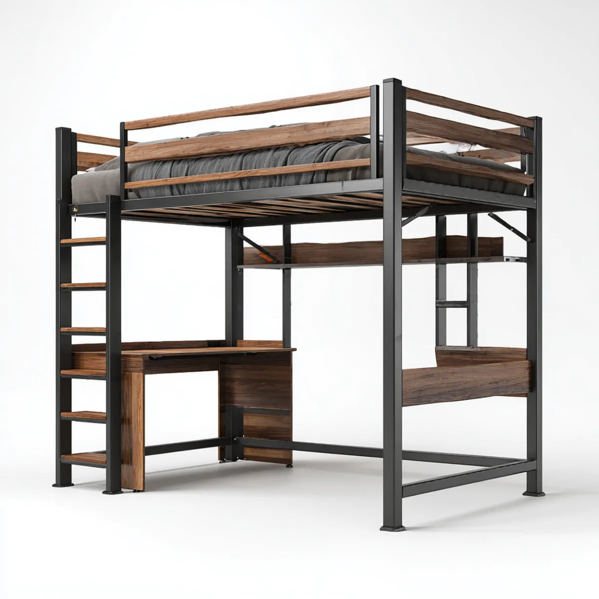 Hochbett mit Schreibtisch Schwarz Braun 140 x 200 cm Stahl Spanplatte rechteckig 208 x 146 x 180 cm