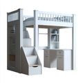 Kinderhochbett mit Schreibtisch Stauraumtreppe und Regal Weiß 90 x 200 cm Kiefer Massivholz MDF rechteckig