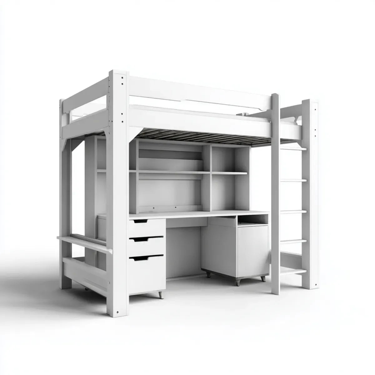 Hochbett mit Schreibtisch Regal Schubladen und Leiter Weiß 90 x 200 cm aus massivem Kiefernholz und MDF 208 x 98 x 180 cm