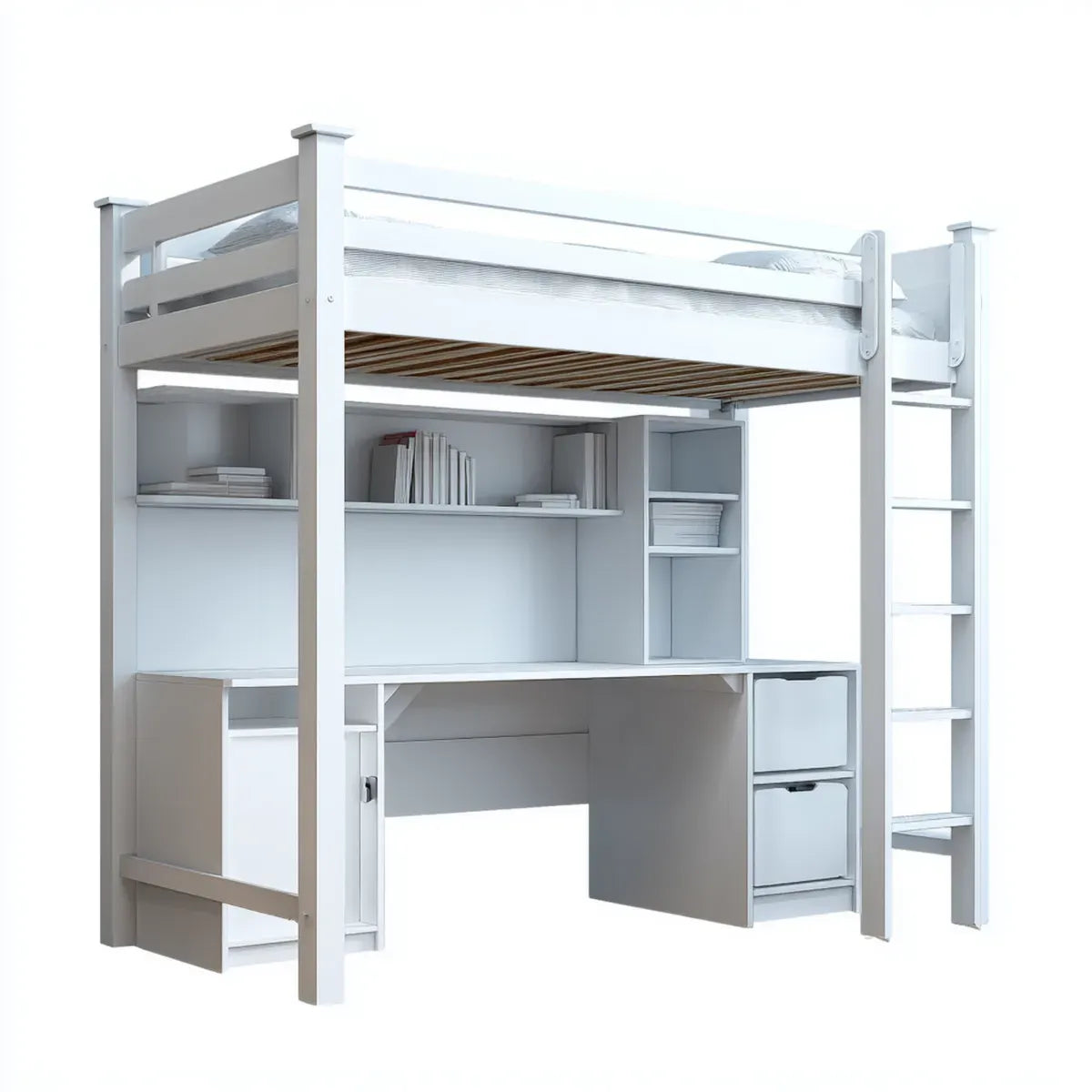 Hochbett mit Schreibtisch Regal Leiter und Stauraum Weiß 90 x 200 cm aus Kiefernholz und MDF